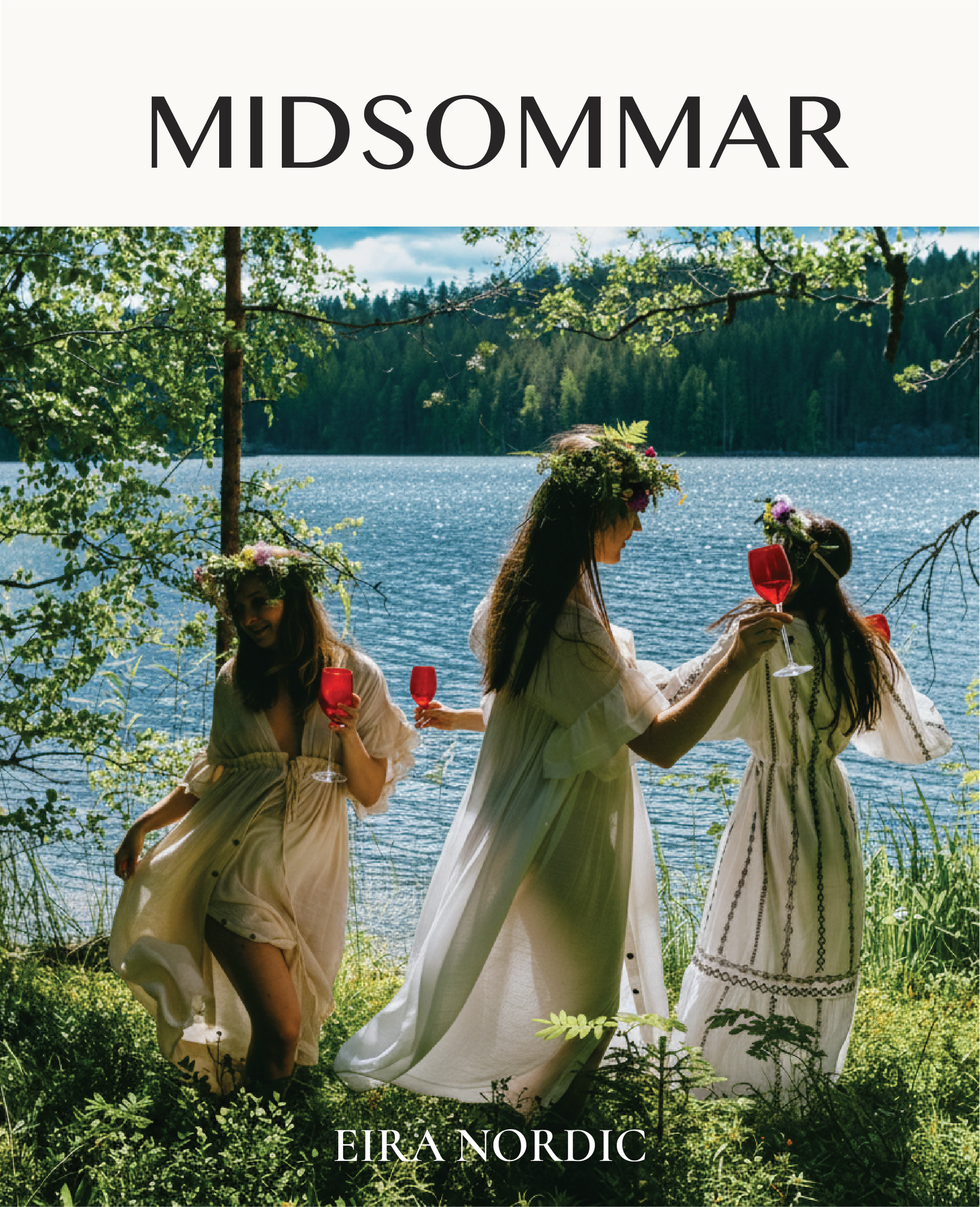 Midsommar card showing three women wearing flower crowns beside a lake
